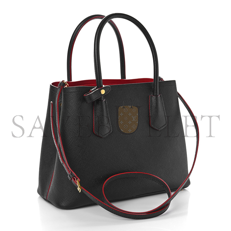 PRADA SAFFIANO CUIR SMALL DOUBLE BAG BLACK CILIEGIA 1BG443 (25*18.5*12.5cm)